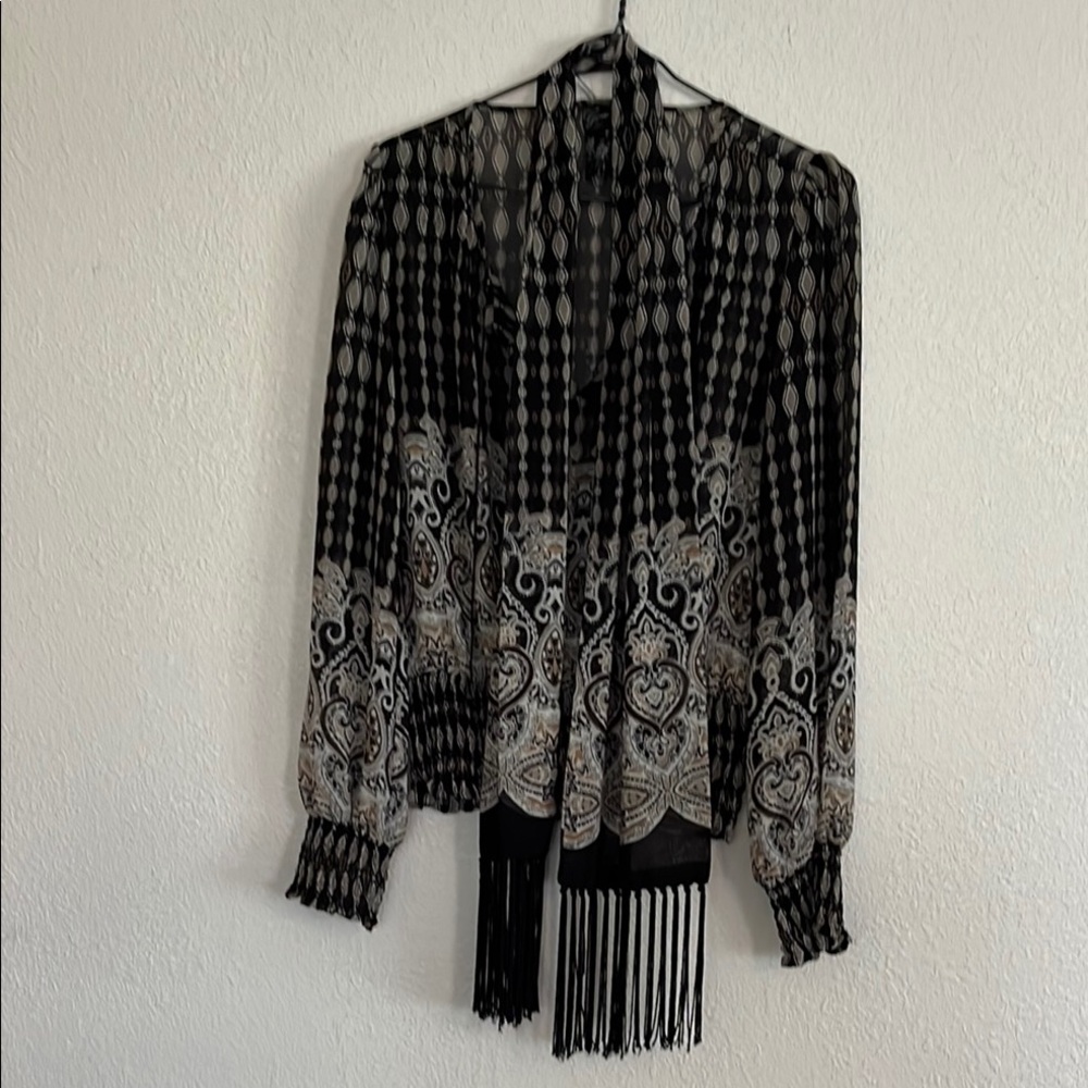 Black and White Patterned Blouse with Fringe
Semi-sheer.